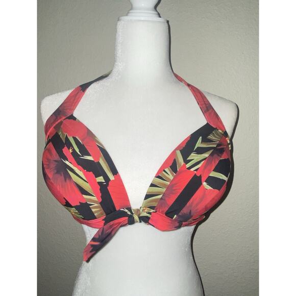 Unique Vintage Swimsuit Top Only 2XL Black Red Halter Hawaiian Tropical - Picture 2 of 7